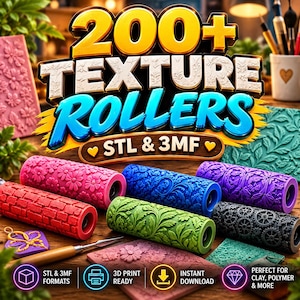 Mais de 200 rolos texturizados em STL e 3MF | Arquivos para impressão 3D para argila e artesanato (Download digital)