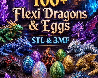 100+ Flexi Dragons & Eggs STL 3MF-bundel, 3D-printerbestanden, direct downloaden