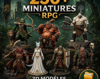 250+ RPG-miniaturen STL- en 3MF-bundel, 3D-printbestanden op tafel, georganiseerde download