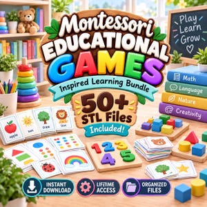 50+ Montessori Educational Games STL Bundle, Alphabet Math Puzzles, 3D Printable Learning Toys