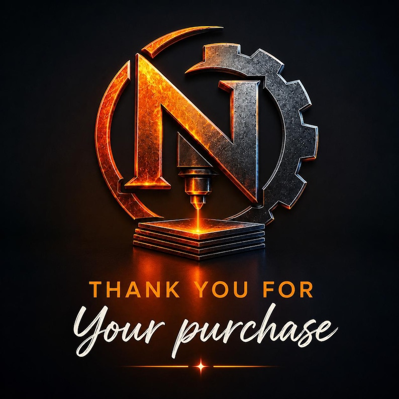 Op de afbeelding: Een grafisch logo met een metalen letter N ge&iuml;ntegreerd in een tandwiel en een lasersnijgereedschap dat een heldere oranje straal op een vierkante basis werpt. Onder het logo staat de tekst THANK YOU FOR Your purchase in oranje en wit.