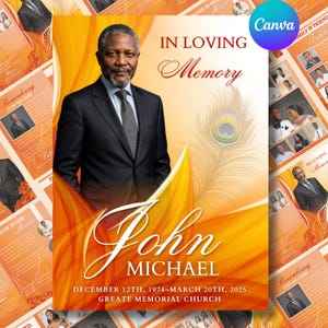 Op de afbeelding: Een uitvaartprogramma-sjabloon met een portret van een man in een donker pak en das, met de tekst IN LOVING Memory, John MICHAEL en de data DECEMBER 12TH, 1974-MARCH 20TH, 2025, tegen een oranje achtergrond met een pauwenveer.