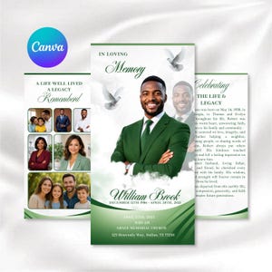 May include: A funeral program template featuring a portrait of a man in a green suit, white doves, and the text In Loving Memory, William Brook, December 12th 1986 - April 20th 2025, and service details for Grace Memorial Church in Dallas, TX.