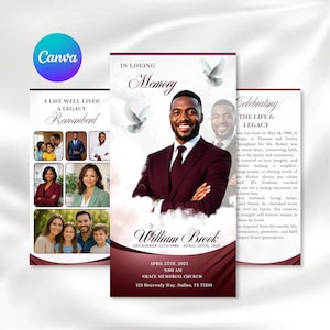 Burgundy Funeral Program Template | 17x11 Trifold Memorial Program | Editable Canva Celebration of Life Obituary Download