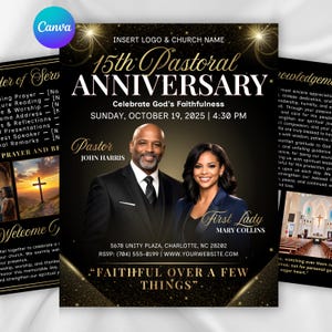 May include: A black and gold flyer for a 15th Pastoral Anniversary event on Sunday, October 19, 2025, at 4:30 PM. It features portraits of Pastor John Harris and First Lady Mary Collins, with the text Faithful Over A Few Things and church details.