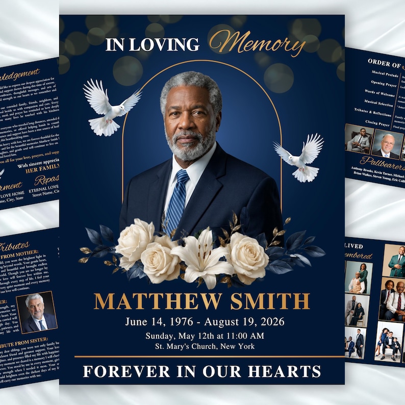 “Elegant blue memorial service program template Canva editable funeral obituary booklet with photo section and service details”
“Funeral program Canva template blue theme editable obituary template printable memorial service order of service design”