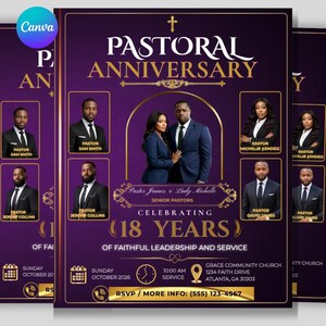 Może przedstawiać: Fioletowo-złota ulotka z okazji jubileuszu duszpasterskiego. Zawiera portrety przywódców kościoła, tekst PASTORAL ANNIVERSARY, CELEBRATING 18 YEARS OF FAITHFUL LEADERSHIP AND SERVICE oraz szczegóły wydarzenia w Grace Community Church.