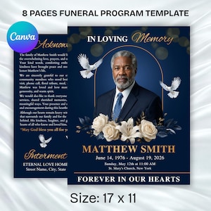 “Elegant Canva funeral program template blue floral design editable memorial service program printable layout”
“Blue funeral obituary program template Canva editable memorial booklet printable with order of service pages”