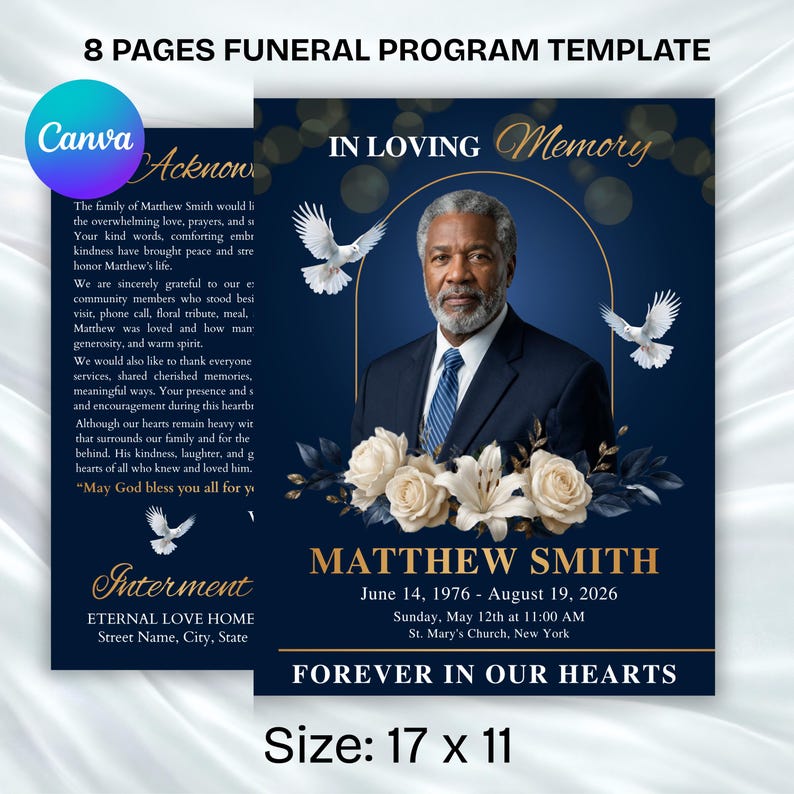 “Elegant Canva funeral program template blue floral design editable memorial service program printable layout”
“Blue funeral obituary program template Canva editable memorial booklet printable with order of service pages”