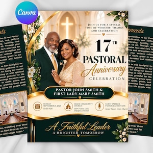 May include: A 17th pastoral anniversary celebration flyer featuring a photo of a man in a dark green suit and a woman in a gold lace dress. The design includes gold accents, white floral details, and text detailing the event for Pastor John Smith and First Lady Mary Smith at Grace Community Church on September 21, 2025.