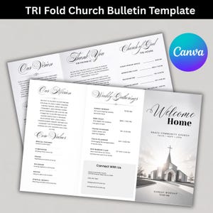 Könnte beinhalten: Eine dreifach gefaltete Kirchenbulletin-Vorlage mit schwarzem Text auf weißem Hintergrund. Das Layout enthält Abschnitte mit den Titeln Our Vision, Our Mission, Core Values, Weekly Gatherings und Welcome Home sowie eine Kirchengrafik.