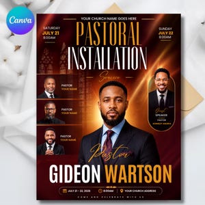 May include: A flyer for a Pastoral Installation Service featuring the text "Pastoral Installation Service" and "Gideon Wartson". The design includes four portraits of individuals in suits, event dates of July 21-22, 2026, and placeholders for church details.