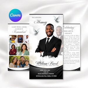 Black Funeral Program Template | 8.5x11 Trifold Memorial Program | Editable Canva Celebration of Life Obituary Download