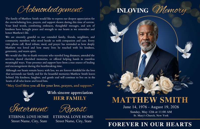 “Blue funeral program Canva template editable memorial service program printable obituary layout with photo and order of service”
“Printable blue and navy funeral program template Canva editable memorial booklet design with clean modern layout and photo cover”