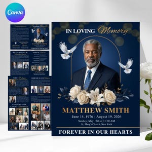 “Blue and white funeral program template Canva editable obituary memorial booklet printable with photo section”
“Printable memorial service program Canva template blue accent funeral obituary booklet editable instant download”