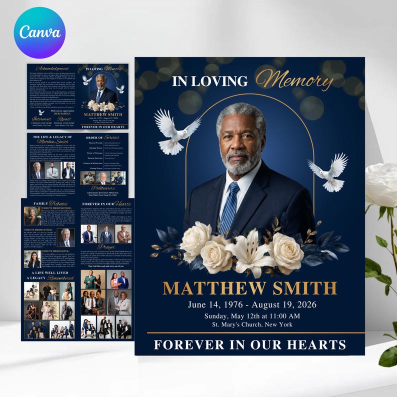 “Blue and white funeral program template Canva editable obituary memorial booklet printable with photo section”
“Printable memorial service program Canva template blue accent funeral obituary booklet editable instant download”