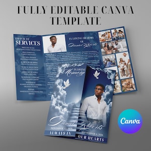 May include: A tri-fold funeral program template in deep blue with cloud motifs and white doves. It features a portrait of a man, the text "In Loving Memory of Daniel Roberts," "Order of Services," and photo collages. The design is fully editable in Canva.