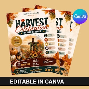 May include: A Harvest Celebration church program flyer featuring autumn leaves, pumpkins, a lantern, and a cross. Text includes "Harvest Celebration," "Sunday Nov 23, 2026," "Worship Together," "Grow in Faith," "Serve with Love," "Share Hope," and "Build Community."