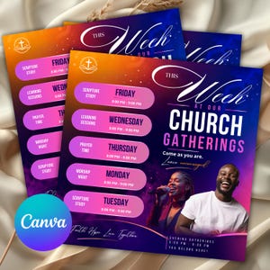 Church Order of Service Flyer, Ministry Calendar, Upcoming Events, Sunday Worship, Monthly Weekly Event Schedule Program Template, Canva