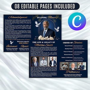“Blue memorial booklet Canva template funeral program editable printable obituary service order design with floral accents”
“Printable blue funeral program Canva template editable memorial service program with photo, obituary, and details page