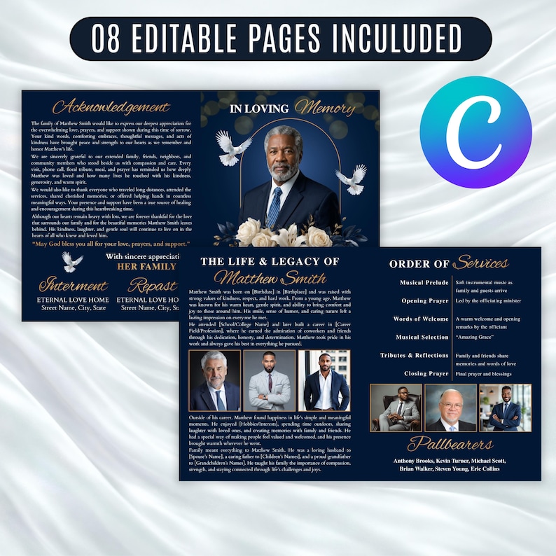 “Blue memorial booklet Canva template funeral program editable printable obituary service order design with floral accents”
“Printable blue funeral program Canva template editable memorial service program with photo, obituary, and details page