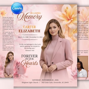 Funeral Program Template for Women, Editable Canva Memorial Program, Celebration of Life Obituary Template, 8 Page Funeral Service
