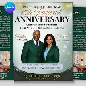May include: A digital flyer for a 15th Pastoral Anniversary featuring a man and woman in dark green blazers. Text includes: 15th Pastoral Anniversary, Celebrate God's Faithfulness, Sunday, October 19, 2025, 4:30 PM, Pastor John Harris, First Lady Mary Collins.
