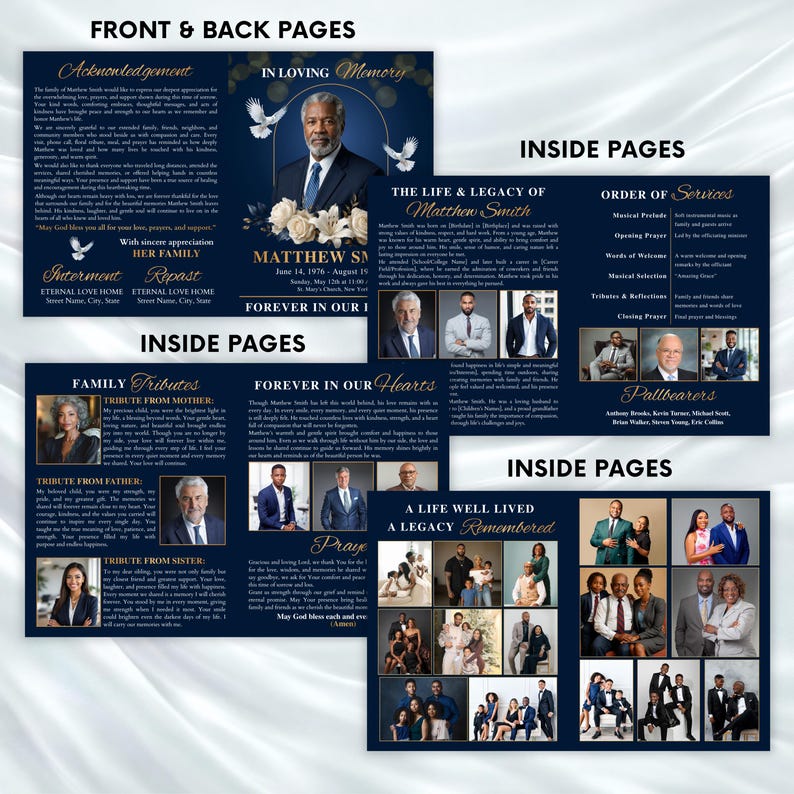 “Soft blue funeral program Canva template editable memorial service booklet printable obituary design with photo cover and elegant layout”
“Blue gradient funeral program template Canva editable printable memorial service program with obituary section, photo frame, and order of service pages”