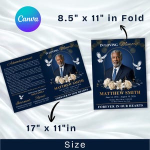 “Minimal blue memorial service Canva template editable funeral program printable obituary design with photo cover”
“Canva editable blue funeral program template printable memorial service booklet obituary layout instant download”