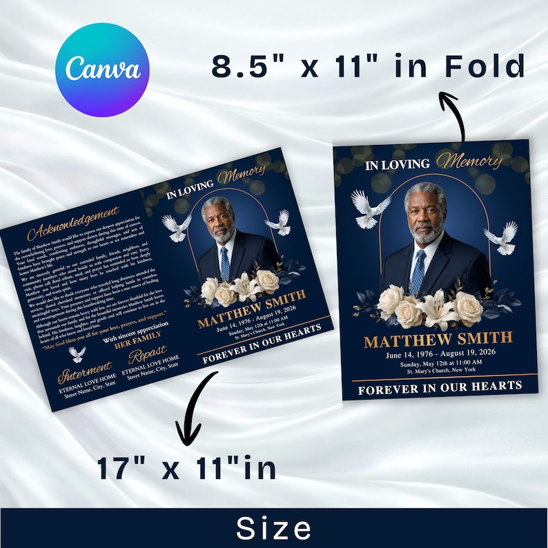 “Minimal blue memorial service Canva template editable funeral program printable obituary design with photo cover”
“Canva editable blue funeral program template printable memorial service booklet obituary layout instant download”