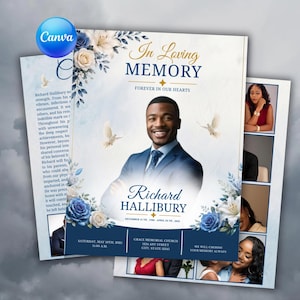 Peut inclure: Un modèle de programme funéraire avec le portrait d'un homme en costume bleu, orné de roses bleues et blanches, de lys et de colombes en vol. Le texte inclut In Loving Memory, Richard Hallibury, des dates et des détails sur un fond blanc.