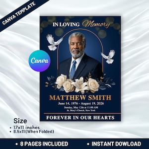 “Modern blue funeral program template Canva editable memorial booklet with minimalist layout and photo frame cover”
“Blue memorial service program Canva template printable funeral booklet editable design with floral accents and text sections”