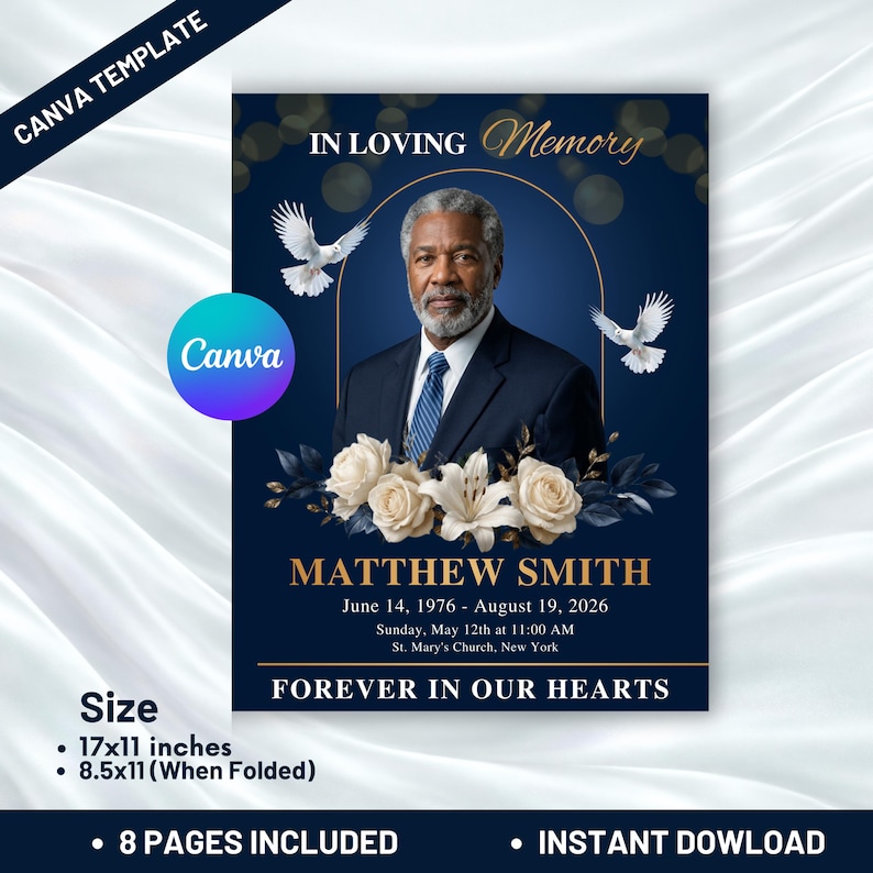 “Modern blue funeral program template Canva editable memorial booklet with minimalist layout and photo frame cover”
“Blue memorial service program Canva template printable funeral booklet editable design with floral accents and text sections”