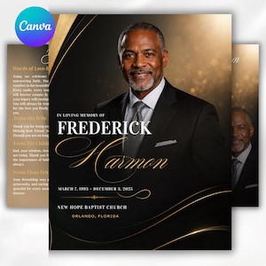 Op de afbeelding: Een sjabloon voor een uitvaartprogramma met een portret van een man in een zwart pak en das. De tekst luidt IN LOVING MEMORY OF FREDERICK HARMON, MARCH 7, 1993 - DECEMBER 3, 2025, NEW HOPE BAPTIST CHURCH, ORLANDO, FLORIDA, met gouden accenten.