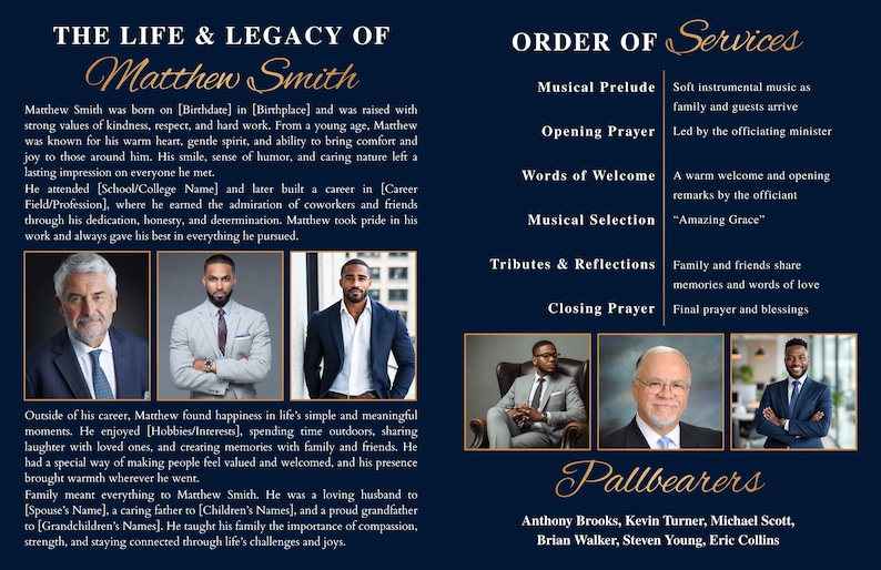 “Canva funeral program template blue and white editable obituary printable memorial service program with photo cover page”
“Printable blue funeral program template editable Canva memorial service booklet with clean professional layout”