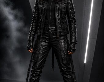Women’s Genuine Leather Hooded Tactical Jacket and Cargo Pants Set, Cyberpunk Gothic Techwear Utility Outfit