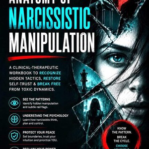 Op de afbeelding: Een boekomslag getiteld Anatomy of Narcissistic Manipulation met een gebroken spiegeleffect over een gezicht. Het ontwerp bevat een schaakstuk, het silhouet van een persoon en tekst over een klinisch-therapeutisch werkboek.