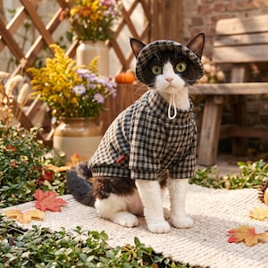 May include: A black and white cat wearing a dark green and black plaid sweater with a matching bucket hat. The hat features a white chin strap. The cat has green eyes and is sitting on a textured off-white mat in an outdoor garden setting.