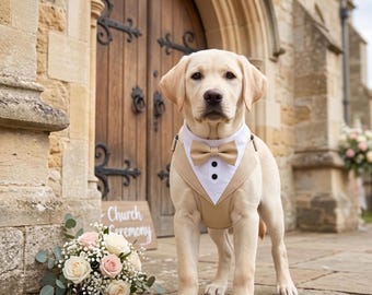 Elegant Dog Tuxedo Harness with Bow Tie – Khaki Wedding Attire