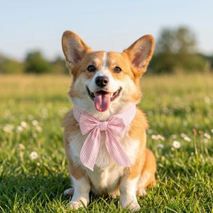 May include: A Pembroke Welsh Corgi dog with tan and white fur wearing a light pink and white striped fabric bow tie collar. The dog has pointed ears, a black nose, and an open mouth with a visible pink tongue, sitting upright in a grassy field.