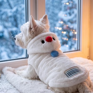 Peut inclure: Un chien West Highland White Terrier blanc portant un gilet à capuche en peluche blanche. La capuche présente un nez en pompon rouge et des yeux noirs. Un bouton circulaire bleu est fixé au niveau du cou et un écusson rectangulaire à rayures bleues.