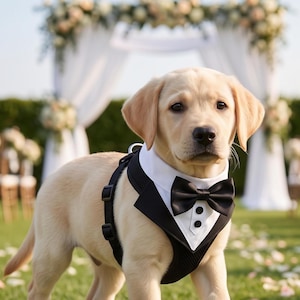 Tuxedo Dog Harness | Black White Formal Pet Wedding Attire, Adjustable Bow Tie Set