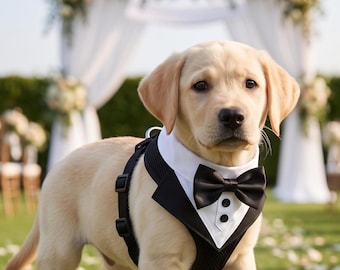 Smoking-Hundegeschirr | Festliche Hunde-Hochzeitskleidung in Schwarz und Weiß, Set mit verstellbarer Fliege
