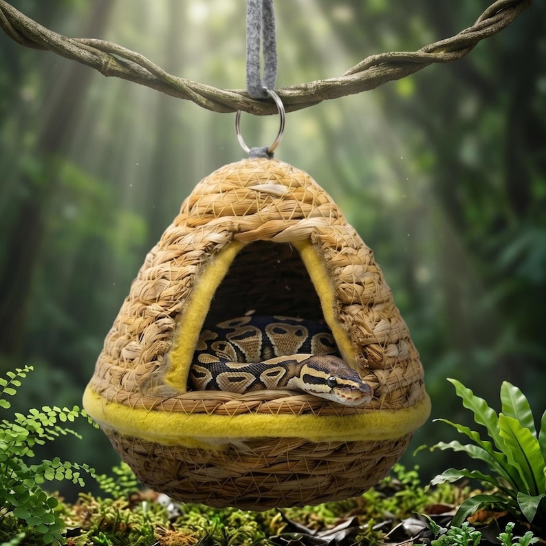 May include: A woven, dome-shaped hanging shelter made of natural tan fibers with a bright yellow felt trim around the entrance. A ball python with a brown and black patterned scale design is resting inside the structure, which hangs from a vine.