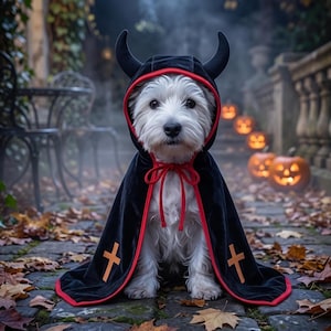 May include: A white dog wearing a black velvet hooded cape with red trim and two black horns on the hood. The cape features a red tie closure at the neck and an orange cross emblem on each side of the lower front panel, creating a festive look.