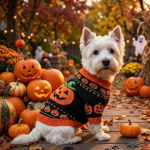Op de afbeelding: Een witte West Highland White Terrier hond draagt een zwart en oranje gebreide trui met een herhalend pompoenpatroon. De hond bevindt zich buiten op een houten ondergrond, omringd door diverse oranje pompoenen en herfstbladeren.