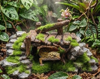 Mossy Stone Bridge & Archway Reptile Hideout – Realistic Terrarium Cave for Geckos