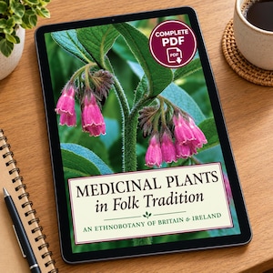Pode incluir: Um tablet digital exibindo uma capa intitulada MEDICINAL PLANTS in Folk Tradition, AN ETHNOBOTANY OF BRITAIN & IRELAND. A imagem apresenta cachos de flores rosas em forma de sino com folhas verdes e um emblema COMPLETE PDF.