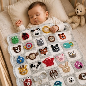 May include: A handmade crochet baby blanket featuring a grid of square patches, each displaying a different colorful animal face including a ladybug, frog, monkey, crab, elephant, and owl, with a scalloped white border edge.