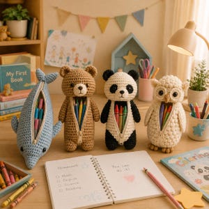 May include: Crocheted pencil cases shaped like a blue dolphin, a brown bear, a panda, and an owl. Each case has a zipper down the front, revealing colorful pencils. A notebook with the words "You can do it!" is open on the desk.